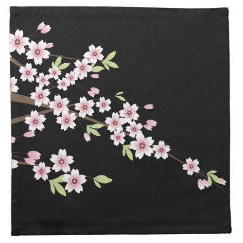 Black with Pink and Green Cherry Blossom Sakura Cloth Napkin
