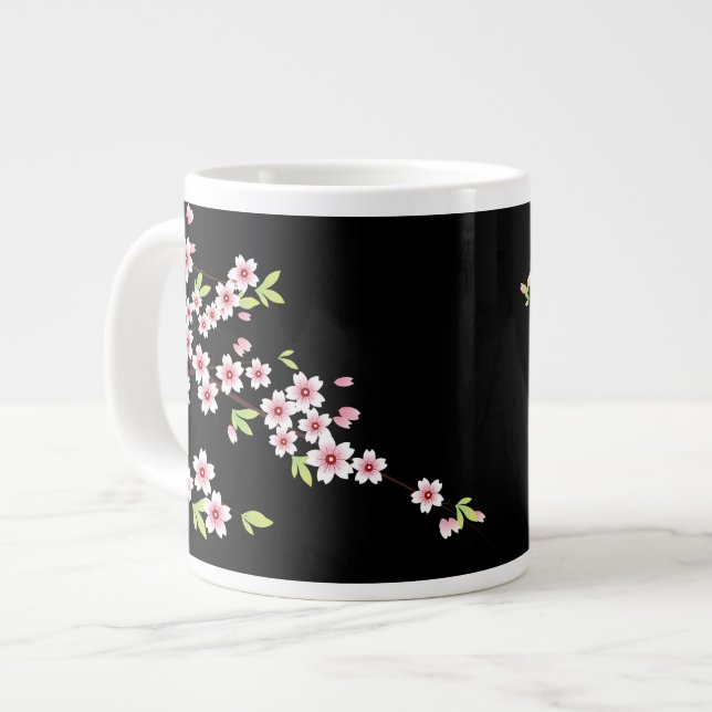 Black with Pink and Green Cherry Blossom Sakura Giant Coffee Mug (Front Left)