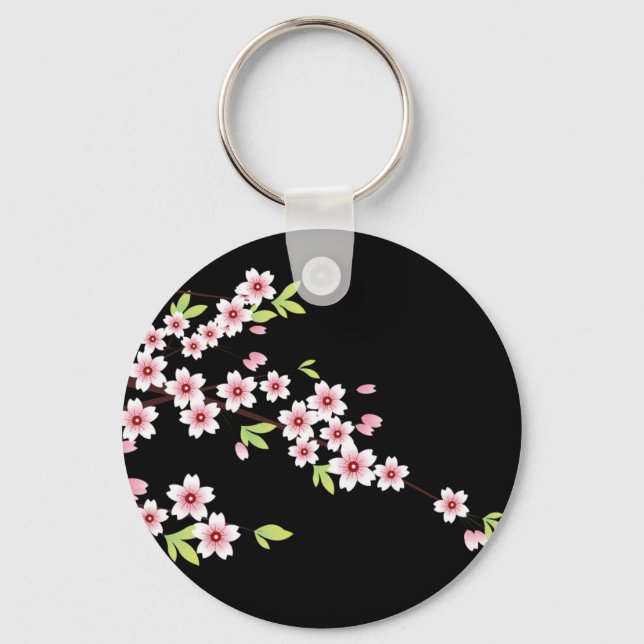 Black with Pink and Green Cherry Blossom Sakura Keychain (Front)