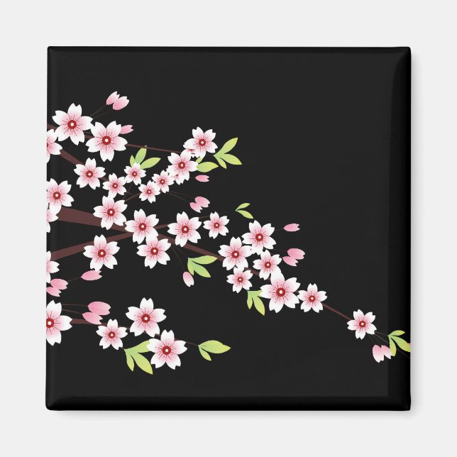 Black with Pink and Green Cherry Blossom Sakura Magnet (Front)