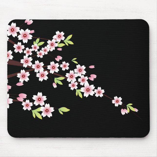Black with Pink and Green Cherry Blossom Sakura Mouse Pad (Front)