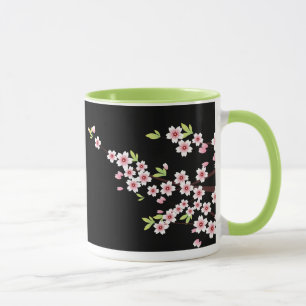 Black with Pink and Green Cherry Blossom Sakura Mug