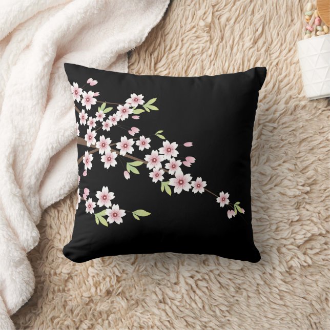 Black with Pink and Green Cherry Blossom Sakura Throw Pillow (Blanket)
