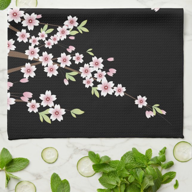 Black with Pink and Green Cherry Blossom Sakura Towel (Folded)