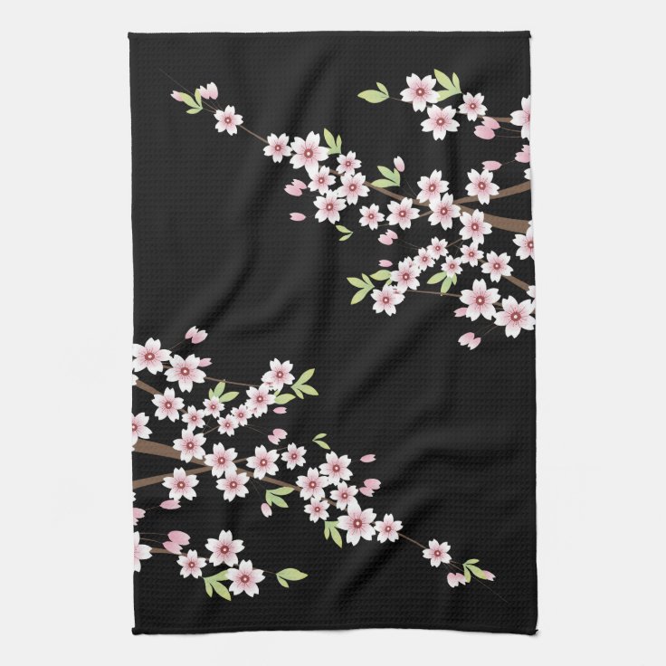 Black with Pink and Green Cherry Blossom Sakura Towel | Zazzle