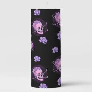 BLACK WITH PINK AND PURPLE SKULLS AND ROSES PILLAR CANDLE