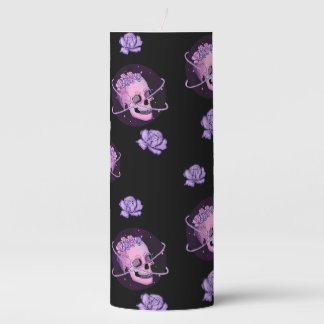 BLACK WITH PINK AND PURPLE SKULLS AND ROSES PILLAR CANDLE