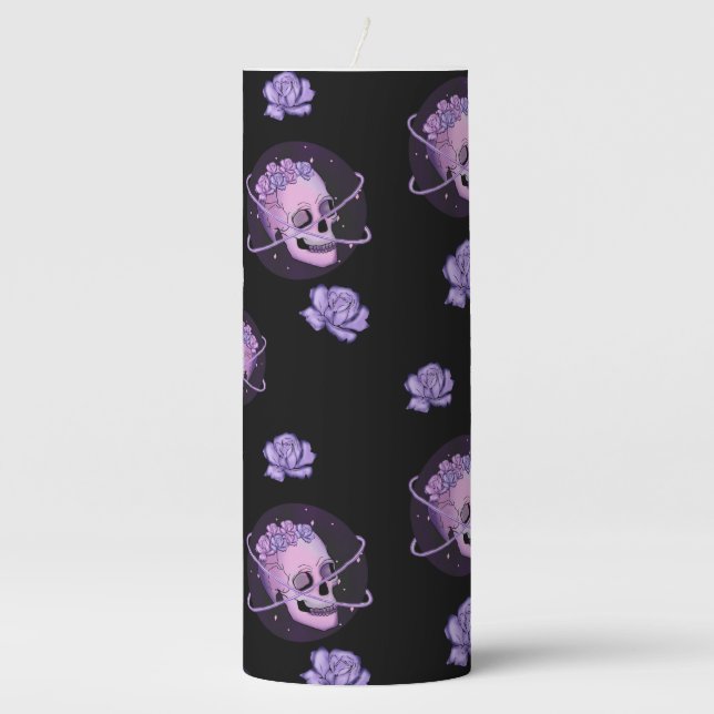 BLACK WITH PINK AND PURPLE SKULLS AND ROSES PILLAR CANDLE (Front)