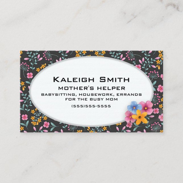Black with Pink and Yellow Floral Mother's Helper Calling Card (Front)
