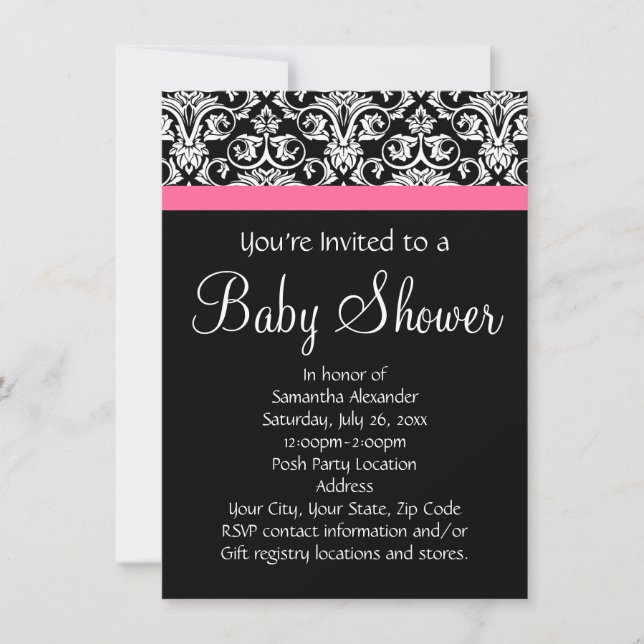 Black with Pink Damask Baby Shower Invitation (Front)