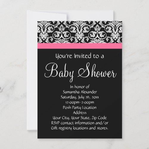 Black with Pink Damask Baby Shower Invitation