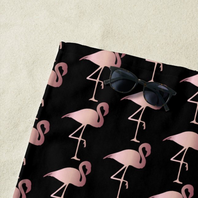 BLACK WITH PINK FLAMINGOS BEACH TOWEL (In Situ)