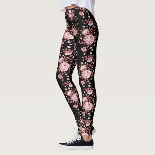 Black with Pink Floral Pattern Leggings