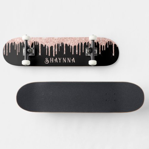Black with Pink Glitter Drips Personalized Skateboard