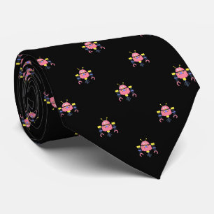 Black with Pink Robot Patterned Neck Tie