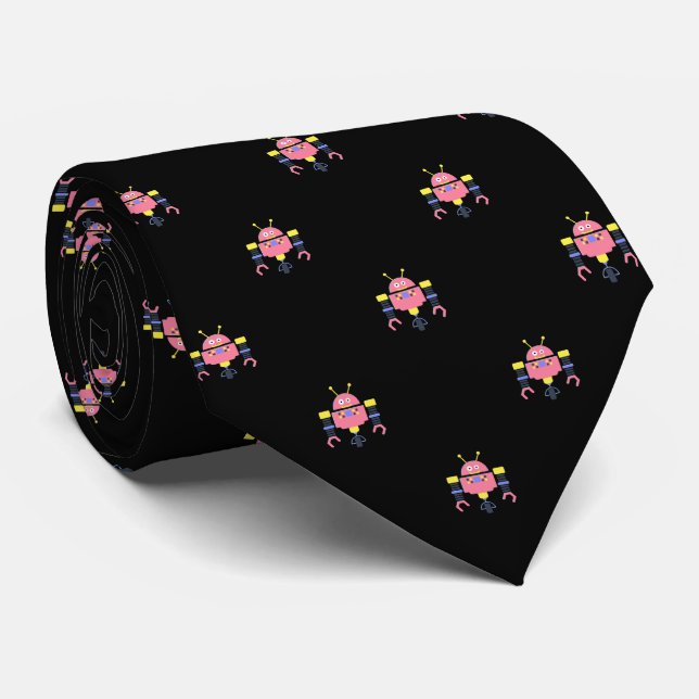 Black with Pink Robot Patterned Neck Tie (Rolled)