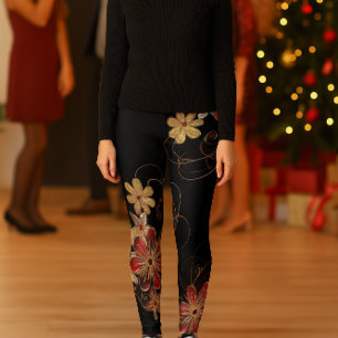 Black with Print all over Gold Glitter Floral Leggings