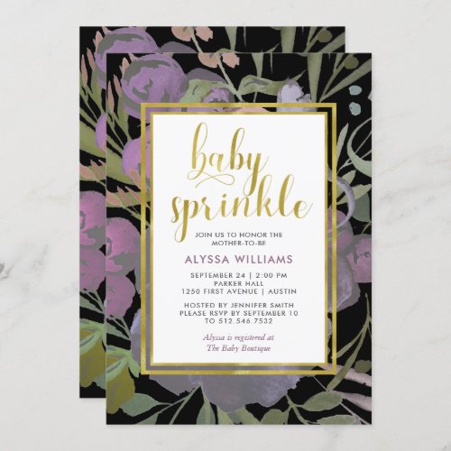 Black with Purple Floral  Bridal Sprinkle Invitation