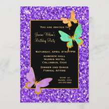 Black with Purple Glitter and Butterflies Birthday