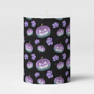 BLACK WITH PURPLE HALLOWEEN SKULLS & ROSES PILLAR CANDLE