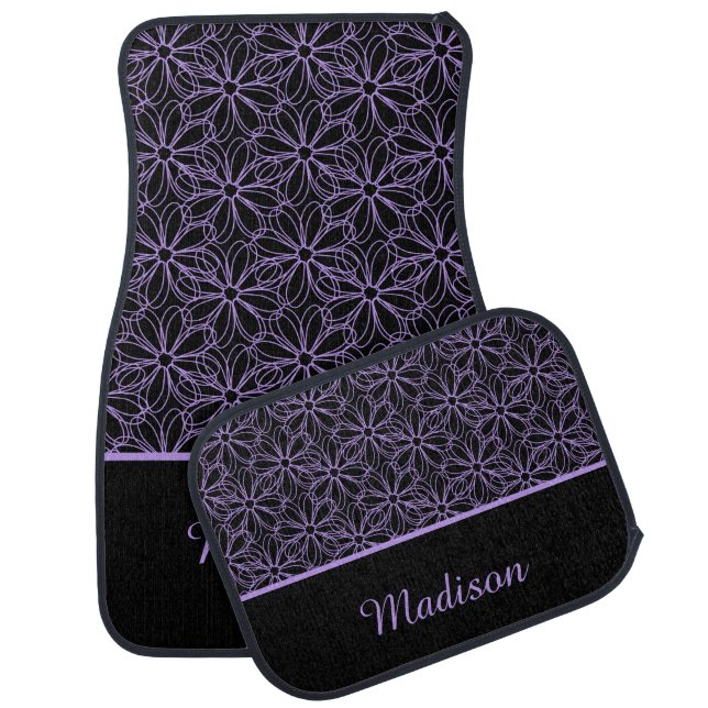 Black with Purple Sketched Daisies Monogram Car Mat (Set)