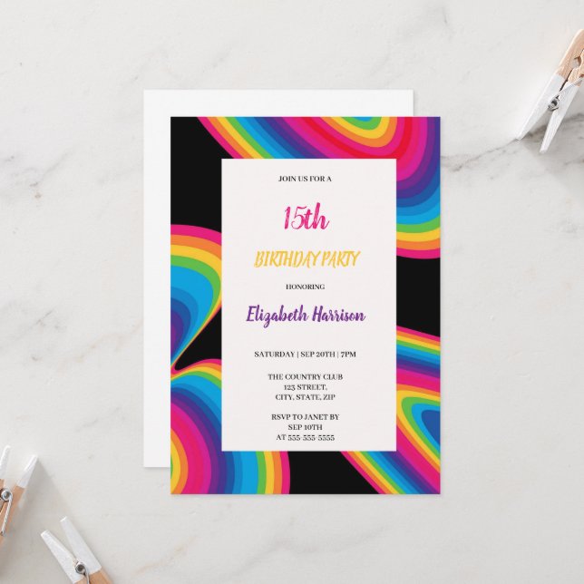 black with rainbow groovy  wavy birthday party  invitation (Front/Back In Situ)