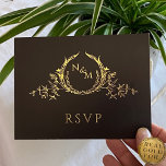 Black with Real Gold Foil Wedding RSVP Postcard<br><div class="desc">Elegant black and gold Wedding RSVP with real gold foil monogram and text on the front. Back divide in two sections, with RSVP section in a beautiful gold texture print background coordinating with our black and gold monogram invitation envelope. Second section with mailing information in black and text in golden...</div>
