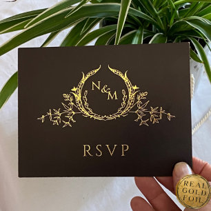 Black with Real Gold Foil Wedding RSVP Postcard