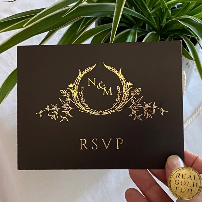Black with Real Gold Foil Wedding RSVP Postcard (Creator Uploaded)