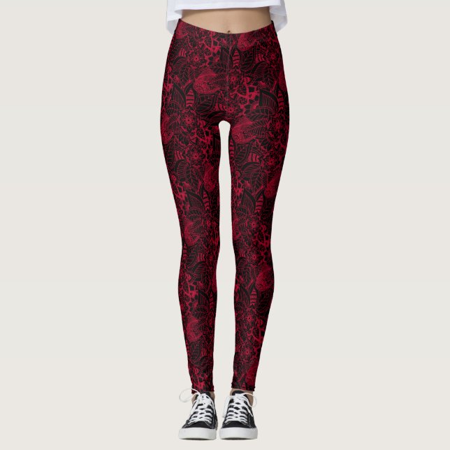 Black with Red Floral Lace Pattern Leggings (Front)