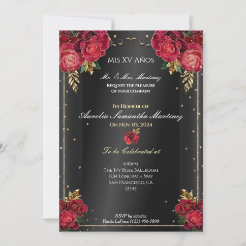 Black with Red Roses Quinceaera Invitations