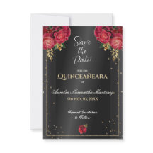 Black with Red Roses Quinceañera Save the Date