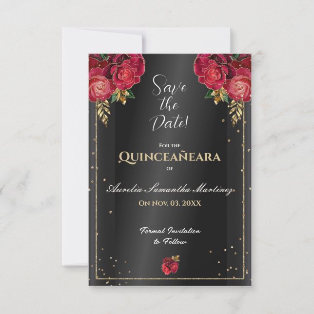 Black with Red Roses Quinceañera Save the Date (Front)