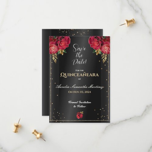 Black with Red Roses Quinceaera Save the Date
