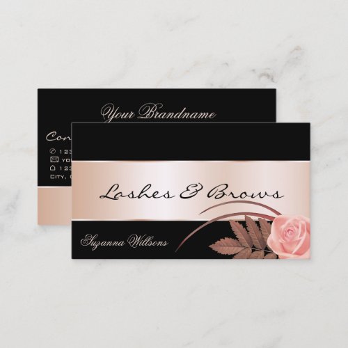 Black with Rose Gold Decor and Gorgeous Flower Business Card