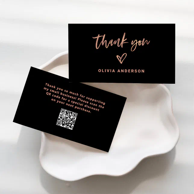 Black with Rose Gold Script and Heart | Thank You Business Card | Zazzle