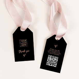 Black with Rose Gold Script and Heart Thank You Gift Tags