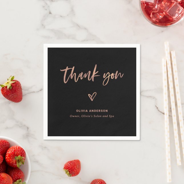 Black with Rose Gold Script and Heart | Thank You Napkins (Insitu)