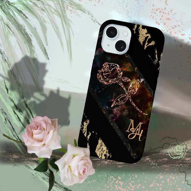 Black with Rose Monogram  Iphone Case (Black with Rose Monogram iPhone 15 Case)