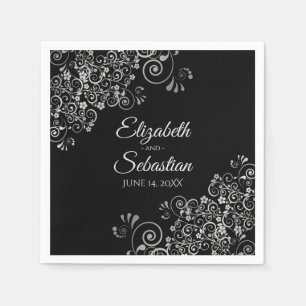 Black with Silver Frills Elegant Wedding Napkins