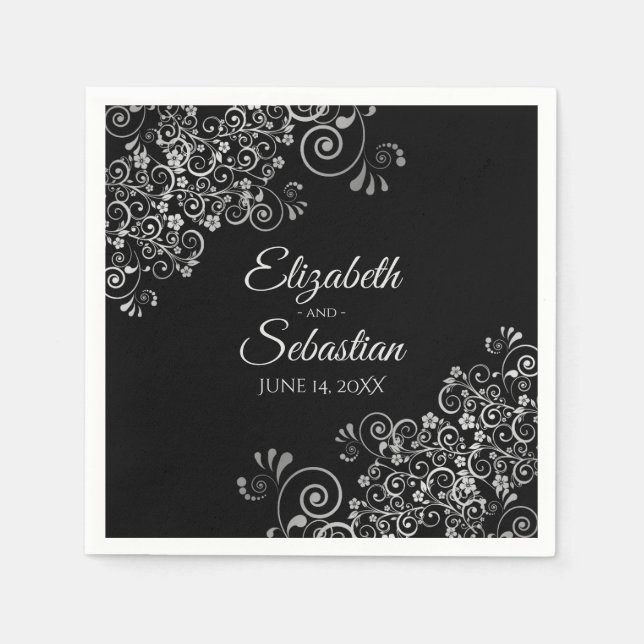 Black with Silver Frills Elegant Wedding Napkins (Front)