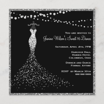 Black With Silver Glitter Sweet 16 Invitation by CelebrationSensation at Zazzle