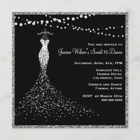 Black With Silver Glitter Sweet 16 Invitation