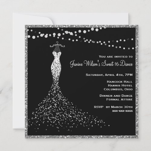 Black with Silver Glitter Sweet 16 Invitation
