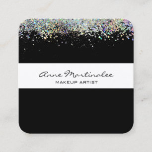 Black with Silver Holographic Look Faux Glitter Square Business Card