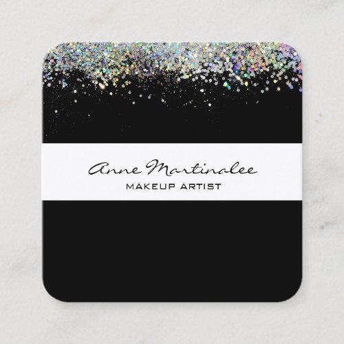 Black with Silver Holographic Look Faux Glitter  Square Business Card