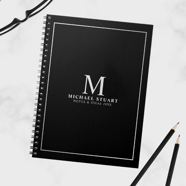 Black with Silver Personalized Monogram and Name Notebook (Creator Uploaded)
