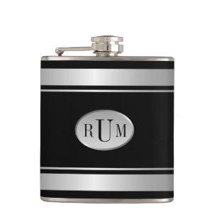 Black with Silver Stripes Borders Monogram Flask