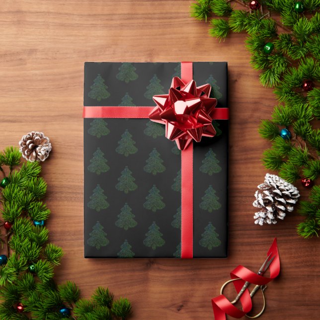 Black with Swirled Evergreens Wrapping Paper (Holiday Gift)