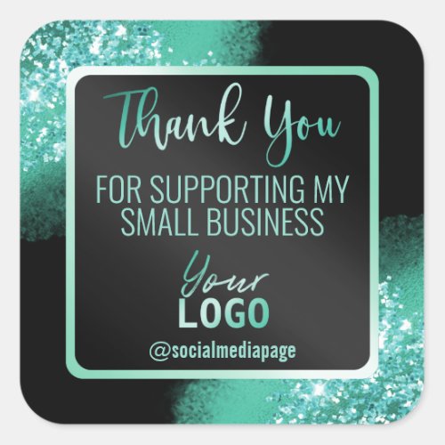 Black With Teal Glitter Thank You Business Logo Square Sticker
